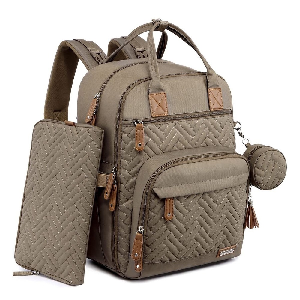 iniuniu Khaki Quilted Diaper Bag Backpack 4-in-1 Kit with Changing Pad NWT‎
